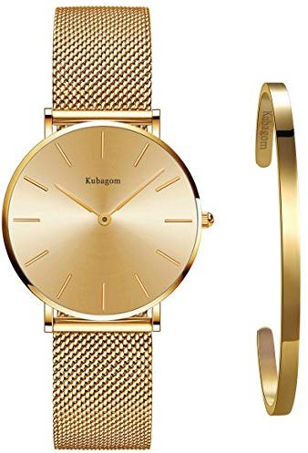 Kubagom Damen Uhren Analog Quarz Edelstahl Wasserdicht Mesh Ultradünne Set mit Armreif