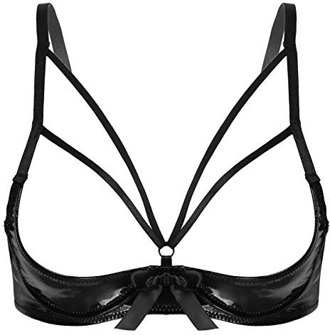 Zaldita Women's Quarter Cups Bra Top Lingerie Wet Look Faux Leather Wire-Free Unlined Bras Bralette Black#Type A 4XL