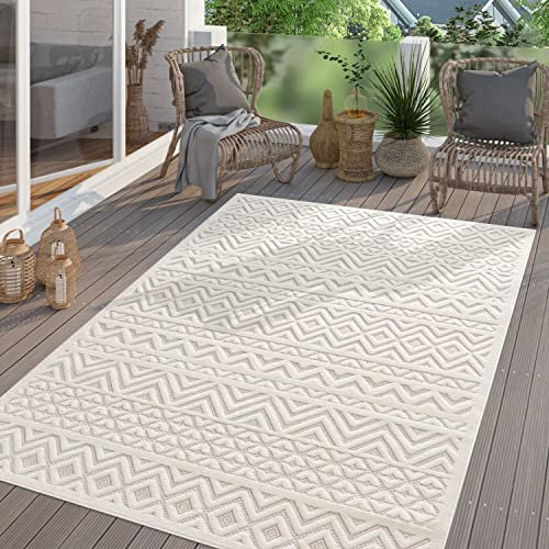 TT Home In-& Outdoor Teppich Wetterfest Balkon Küche Wohnzimmer Boho Skandi Design, Farbe:Creme, Größe:120 cm Rund