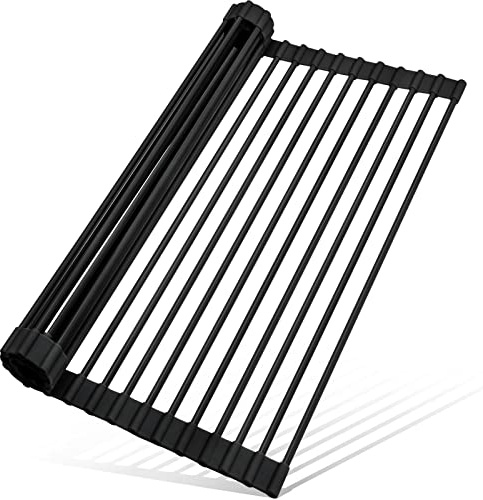 MERRYBOX Roll Up Dish Drying Rack, Silicone Wrapped Over The Sink Dish Rack Foldable Dish Drainer Anti-Slip Dish Racks for Kitchen Counter, Multipurpose Kitchen Sink Drying Rack, 18 x 13, Black