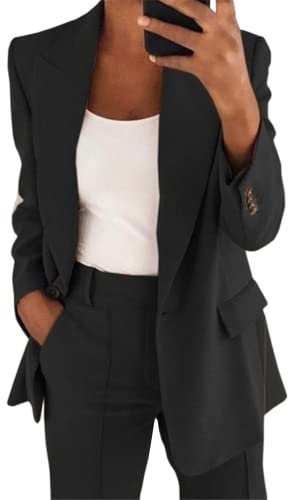 shownicer Damen Hosenanzug Elegant Business Anzug Set Revers Büro Blazer Hose 2-teilig Anzug Zweiteiler Slimfit Festlich Sportlich Streetwear A Schwarz XL