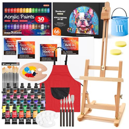 Shuttle Art 66 Pack Set de Pintura Acrílica con 30 Tubos 12ml Pintura Acrílica, Caballete Pintura de Madera,Lienzo para Pintar,Pinceles,Paletas, Set Pinturas para Niños Adultos Artistas Principiantes