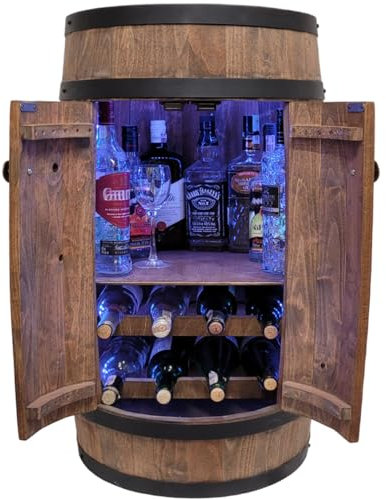 weeco Fassbar mit Tür und Weinregal RGB LED Beleuchtung, Hausbar Weinrack 80x50cm. Rustikaler deko Barschrank Weinständer Fassbier, Whiskybar Flaschenständer