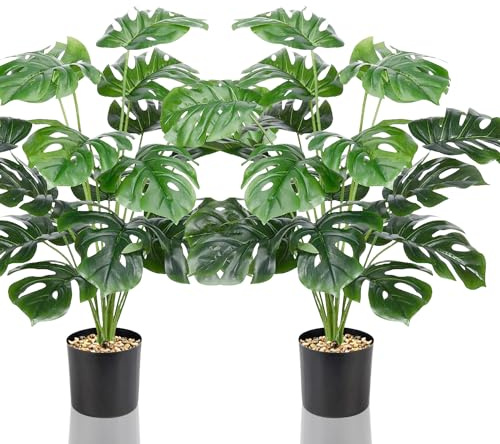 Lighterday Uppsättning av 2 konstgjorda 70 cm dekorativa träd för inomhusbruk – höga plastväxter för kontor, hem, inomhus utomhus dekor (2 krukor med Monstera)