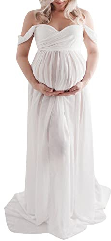 Loalirando Abito premaman sexy da donna, leggero, in chiffon, per servizi fotografici, spalle scoperte, gravidanza, maxi abito per fotografia, bianco, L