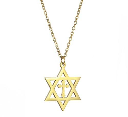 unift Collier étoile de David pour Femme en Acier Inoxydable avec Pendentif Hexagonal Juif Classique avec Pendentif Croix Isael Jewelry Amulette Religieus (Or)