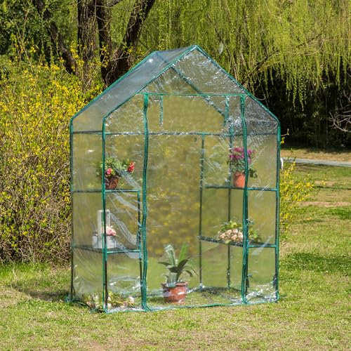 Panana Greenhouse Walk-in 3 Tier 6 Shelves Green House Grow Green House Walk in Plastic Plant with PVC Cloth Cover Zipper Door Indoor and Outdoor (56x29x77 inch with White PVC cover)
