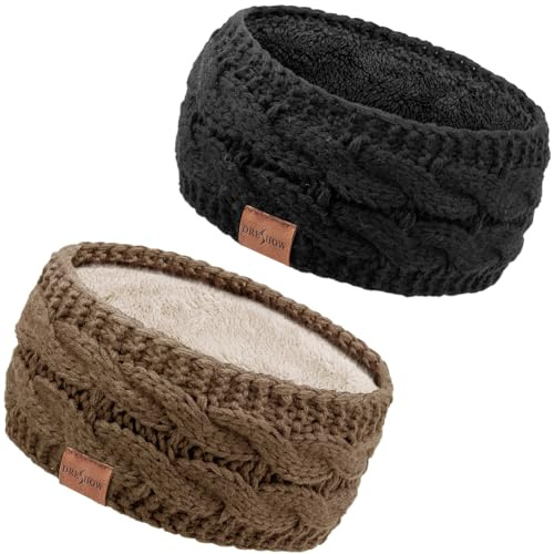 DRESHOW Diadema de Punto Cálido para Mujer Calentador de Orejas de Invierno Elásticos Diademas de Ganchillo Bandas Gruesas con Forro Polar para el Pelo de Lana