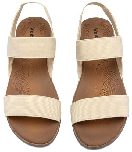 Veittes Sandales plates pour femme, sandales plates d'été confortables avec bride élastique à la cheville et double bande,beige,40 EU,2107021