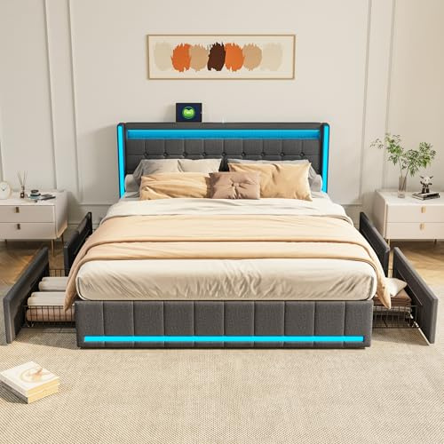 BLSYHDH Polsterbett mit Bettkasten 140x200 LED USB, gepolstertes Bett mit 4 Schubladen, Kopfteil mit Stauraum, gepolstertes Doppelbett mit Stauraum und Lattenrost (Dunkelgrau+Leinen, 140x200cm)
