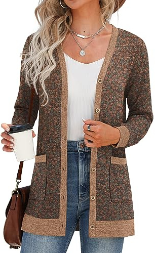 GRECERELLE Chaqueta de punto para mujer, larga, ligera, con botones y cuello en V y chaqueta de verano, Flor marrón., M