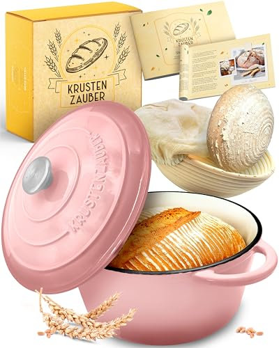 KRUSTENZAUBER Gusseisen Topf Brot backen emailliert inkl. Gärkorb - 26cm Emaille-Topf samt Zubehör - Ideal als Brotbacktopf, Brottopf, Brotbackform mit Deckel, Gusseisentopf Brotbacken, Schmortopf