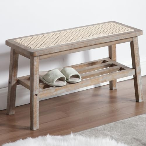 Ya-Home Sitzbank Holz Schuhbank Rattan Schuhregal 2 Ebenen Rattanbank für Eingang Rustikaler Stil, 30 x 75 x 44 cm, Naturholz