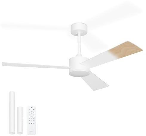 Noaton Ventilador de Techo con Mando a Distancia, Lepus, Luz Ajustable, Ultra Silencioso, 6 Velocidades, Temporizador, Blanco/Madera natural, Función Verano-Invierno, Ø132 cm, Varilla de extensión