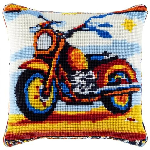 Kit di Ganci a Chiusura per Cuscino,Moto dei cartoni animati,Kit cuscino mezzopunto DIY di cuscino Principianti Adulti Regalo per adolesc,43x43cm