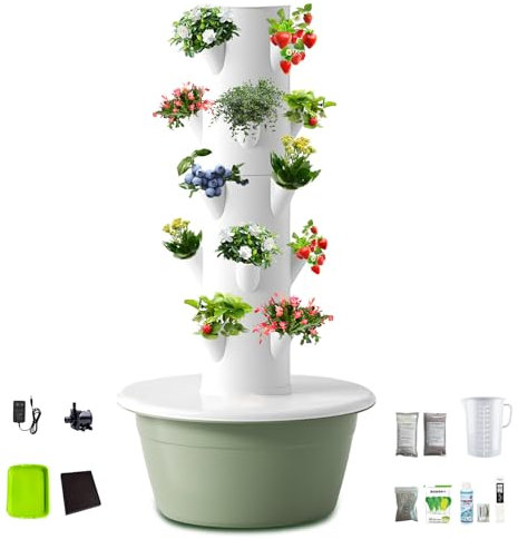CIELOBLOEN Colonne de Jardin Multifonction 5/7/9 Niveaux, Tour Aéroponique pour Cultiver Fraises et Herbes avec Réservoir Mobile et Design Modulable,5-Layers-Green