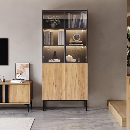 Kebnor Vitrina con puertas de cristal, armario de 180 cm de alto con luces LED, estantería de 5 pisos de cristal para coleccionables, estantería, oficina, color negro y roble