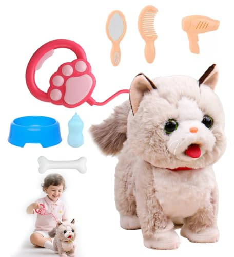 Jouets interactifs pour chats enfants chat en peluche avec laisse télécommandée animaux de compagnie électronique chat jouet de course et aboiement pour enfants filles garçon cadeau
