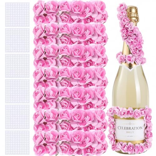 AmazingSpark 576 Pcs Mini Paper Flower Heads Small Artificial Rose Flower with Stem with Adhesive Dots Faux Flowers Bulk for DIY Crafts Wedding Hair Cap Champagne Bottle Glasses Decor(Pink)