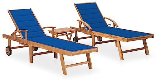 SKM Tumbonas con Mesa y cojín 2 Unidades Madera Maciza de Teca,Mobiliario,Muebles de jardín,Asientos de Exterior,Tumbonas,Azul,44.17 kg,3073181