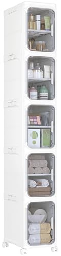 HOMIDEC Bathroom Storage, 5 Tier Tall Bathroom Cabinet with Wheels and Removable Shelf, Slim Bathroom Storage Unit Free Standing for Toilet Roll, Towel, Shower, Clear Smoke