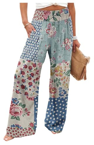 GORGLITTER Women's Floral Patchwork Pants Boho Colorblock High Waisted Wide Leg Trousers Beach Vacation Pants Blue Large
