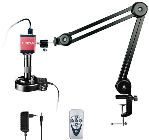 RUZIZAO Microscopio Digital, 13MP 1080P HDMI Tipo-C/USB Cámara de Vídeo Industrial para Microscopios, Objetivo con Montura C y Zoom 150X, Soporte Plegable, Luz LED