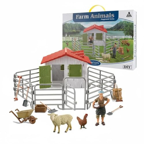 Folpus Figurines de Ferme Kit Animaux Grange Clôtures Accessoires Miniature en Plastique Finition Réaliste Jeu Narratif Gestes du Quotidien Confiance en Soi , Ferme Joyeuse - Ensemble B