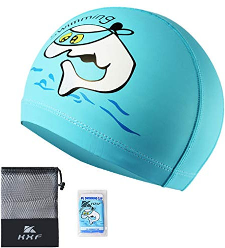 KXF Wasserdichte PU-Badekappe Mit Gehörschutz - Elastisch, Beschichtet, Cartoon-Muster für Kinder, Jungen, Mädchen, 6-10 Jahre