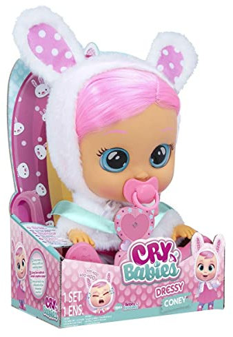 CRY BABIES Dressy Coney das Kaninchen - Interaktive Spiel- & Funktionspuppe, die echte Tränen weint; mit bunten Haaren und an- und ausziehbarer Kleidung - Geschenk Puppe für Kinder ab 2 Jahren