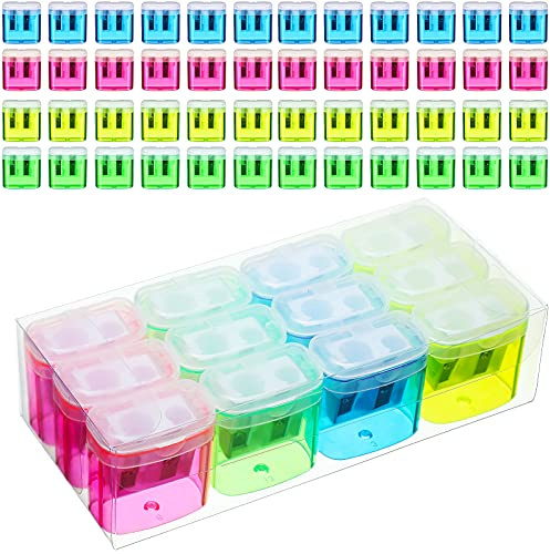 Tenare 48 Pieces Back to School Pencil Sharpeners Manual Double Hole Pencil Sharpener with Lid Hand for Home School Office, Handheld Plastic Crayon Grinder, Pink, Yellow, Green, Blue