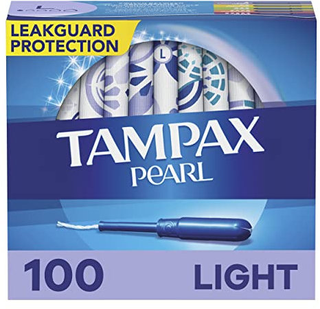 Tampax Pearl Tampons Light Absorbency, 100 Count, BPA-Free Plastic Applicator and LeakGuard Braid, Unscented, 50 Count, Pack of 2 (100 Count Total)