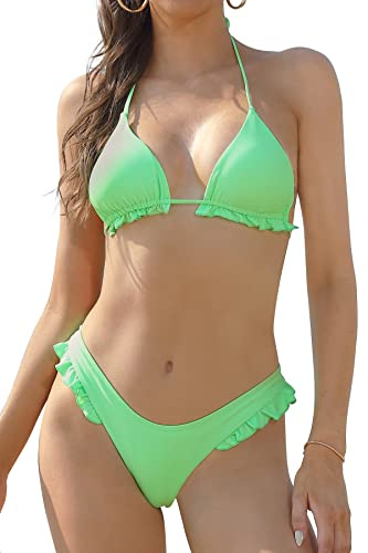 SHEKINI Maillots de Bain Deux Pièces Femme Rembourré Sexy Halter Réglable Ties up Bikini Set Femme 2 Pièces avec String Brésilien Taille Basse Volants Bas de Bikini (Vert Fluorescent, M)