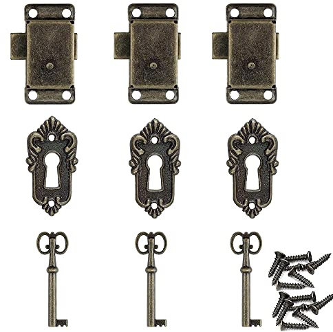 3 piezas Conjunto de Cerradura Antiguo,Juego de Cerradura de Gabinete Cerradura de Puerta de Armario Vintage Juego de Cerradura de Gabinete con Llave Antigua,con la Hoja Decorativa Dominante