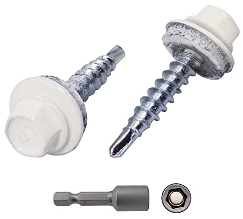 Marcopol (Förpackning med 150 st) Takskruvar i metall, 4,8 x 25 mm målade självborrande skruvar med EPDM-brickor, plåtskruv (150, ren vit RAL 9010)
