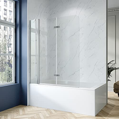 Bath Attachment 3-Piece Foldable 150 x 140 cm Folding Wall Glass for Bathtub Shower Screen Foldable with Fixed Part and Corner Shelves Corner Shelf ESG Real Glass Clear 5 mm with Nano Coating