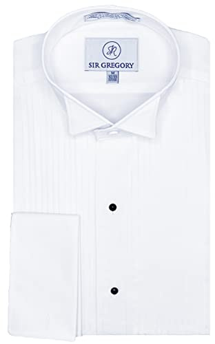 Sir Gregory Men's Fitted Tuxedo Shirt with Wing Collar French Cuffs and 1/4 Inch Pleat White Size L, 16-16.5 Neck 34/35 Sleeve
