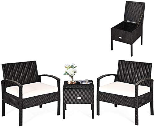 COSTWAY Set di 3 Pezzi di Mobili da Giardino, Set di Sedie e Tavolino in Rattan PE con Cuscini Rimovibili, Tavolino Contenitore con Sedie in Vimini per Balcone Giardino