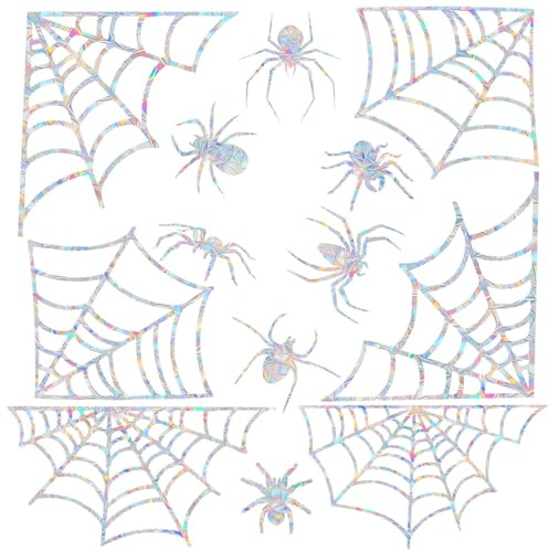 12 Pcs Spider Web and Spider Window Clings - Anti-Collision Decals to Save Birds, Non-Adhesive Prismatic Window Clings, Rainbow Stickers