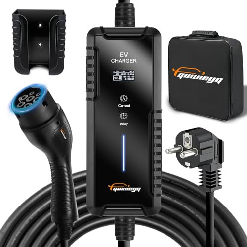 GUWIEYG Typ 2 Ladekabel Schuko 3,5kW, 5M, IEC 62196 Tragbares Ladegerät für Elektrofahrzeuge mit Tragetasche, 6-16A einstellbar mit Digitalanzeige