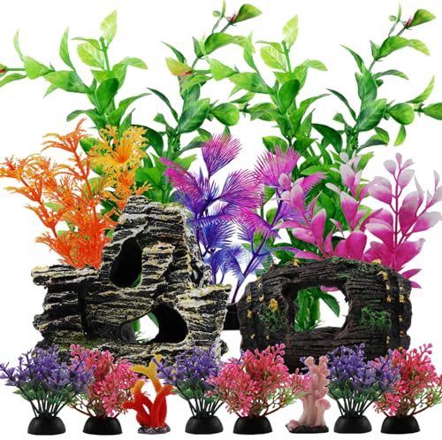 QUOZUO Fish Tank Decorations Plants with Resin Barrel and Cave Rock View, 15pcs Aquarium Decorations Plants Plastic, Fish Tank Accessories, Fish Hideout Ornaments Aquarium Decor