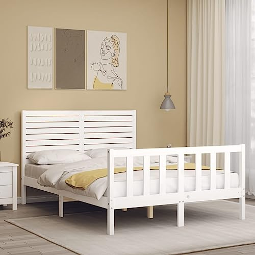 vidaXL Cadre de lit avec tête de lit Blanc 140x190 cm Bois Massif, lit, mobilier de Chambre à Coucher, lit en Bois, lit Double, Cadre de lit en Bois