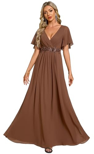 Ever-Pretty Women's Chiffon V Neck Short Sleeves Appliques Prom Evening Dresses Brown 14UK