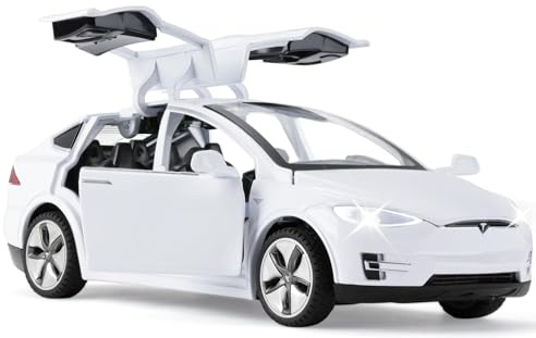 MODVKVK Tesla Model X 1:32 Model Car, Toy Car With Light & Music, Pull-Back Function, Alloy Die-Cast, Ideal for Children From 3 Years & Collectors (White)