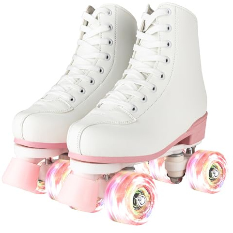 XUDREZ Rollschuhe für Damen und Mädchen, leuchtende Rollschuhe für Erwachsene, PU-Leder, für Jugendliche, Anfänger, Outdoor (Weiß, Rosa mit rosa blinkendem Rad, EUR 96,5–23,5 cm, Größe 38 / Herren 37)