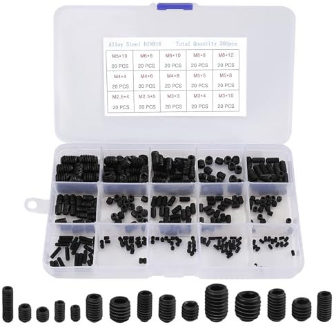 Tunejoy 300 Pièces Vis Sans Tête Hexagonale Vis à Tête Conique M2.5 M3 M4 M5 M6 M8 Assortiment à Six Pans Creux en Acier avec Clé Allen pour Poignées de Porte Noir