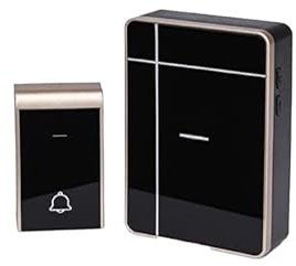 Campanello senza fili nero e oro, con presa di corrente, ideale per notifiche e sicurezza domestica.