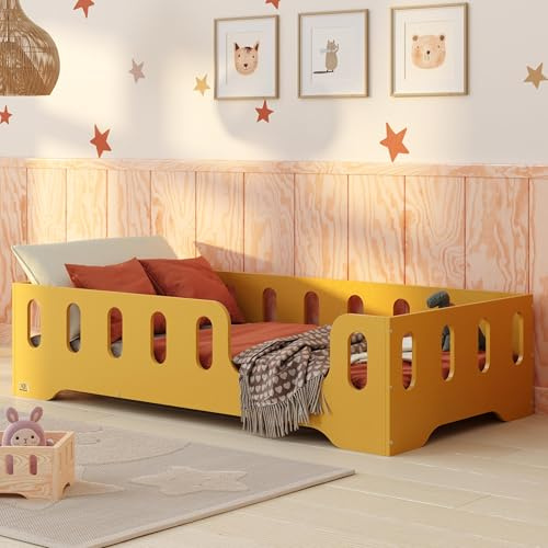 smartwood Golvsäng 90x200 cm med Fallskydd, av Furuträ, Gul, TILA 2P | Montessori säng för barn, ribbotten upp till 230 kg, FSC-certifierad, rundade kanter, enkel montering, från 3 år