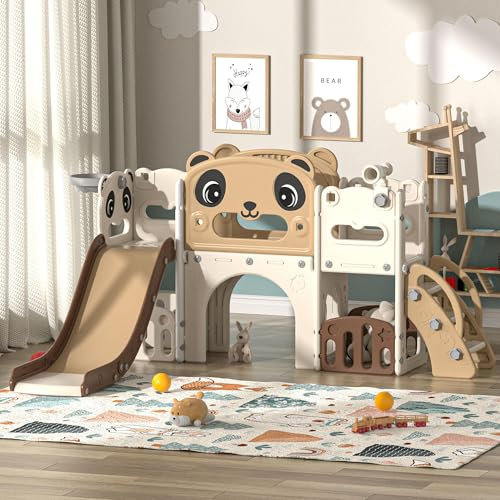 9-in-1 Toddler Slide with Climbing Ladder,Tunnel and Basketball Hoop, Indoor Outdoor Garden Slide Set for Kids, Children's Playground Toy, Montessori Play Equipment for Age 1-6 (White and brown panda)