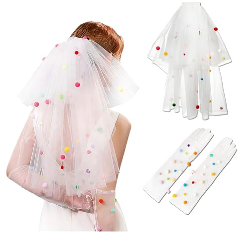 FOSDICK Möhippa slöja, blivande brud slöja med färgglada pompoms, möhippa slöja, vita spetshandskar pompoms, för möhippa bröllopsfest dekorationer möhippa festtillbehör